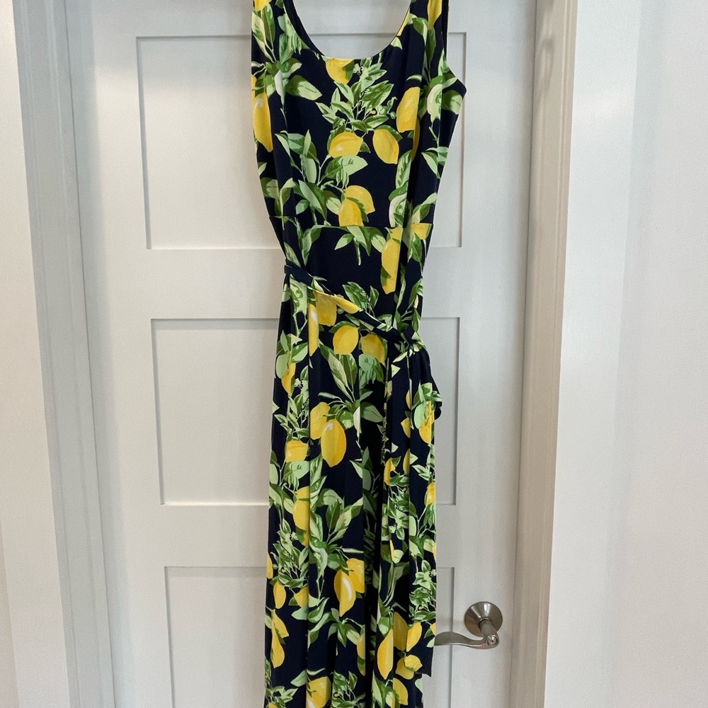 LOFT Lemon Print Midi Dress in Navy and Yellow